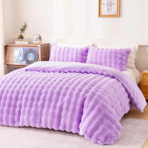Fluffy Lavender Duvet Cover Full Set, Soft Shaggy Plush Rabbit Bedding Set 3 Pieces (1 Fuzzy Comforter Cover + 2 Faux Fur Pillow Cases)（Lavender, Full） - color: Lavender, size: Full