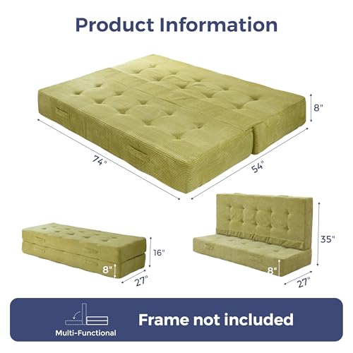 MAXYOYO Foldable Mattress, 8-Inch Tufted Futon Mattress with Handles | Tufted Floor Sofa Bed and Versatile Mattress, Carry Handles for Living Rooms or Guest Rooms, Frame Not Included, Green - color: Green