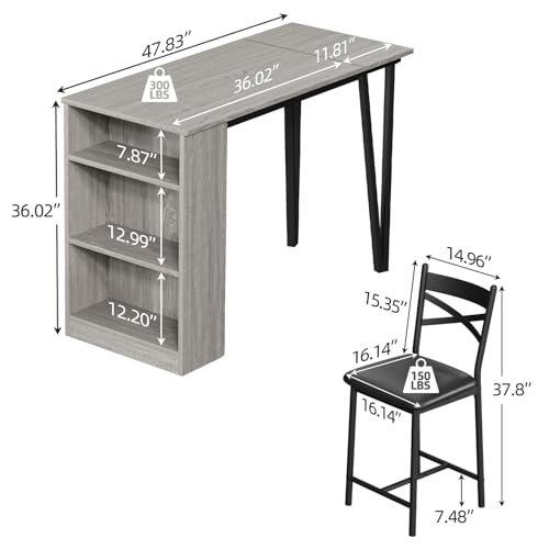 IDEALHOUSE Dining Table Set for 2, Expandable Kitchen Bar Table and Chairs for 2, 3 Piece Counter Height Top Dining Table Set with Upholstered Chairs Storage for Small Space, Grey - color: Grey