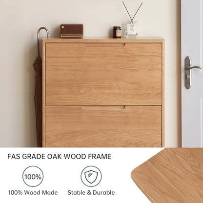 Fully-Assembled Oak Shoe Cabinet with 3 Flip Drawers, Solid Wood Shoe Storage Cabinet, Narrow Shoe Organizer for Entryway, 7.9" x 33.5" x 45.7", Oak Wood, Natural - color: Natural