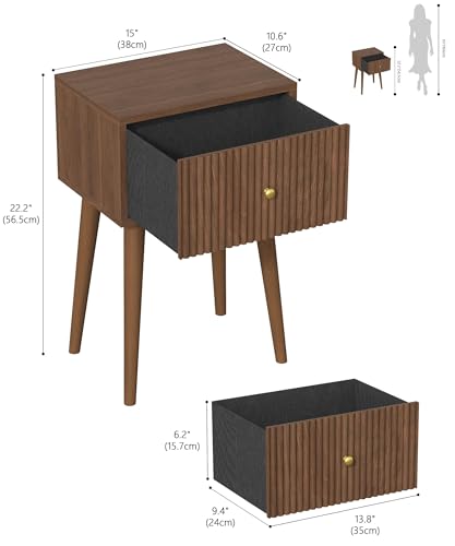 Akxomel Small Nightstand Set 2 Fluted Wooden Nightstands Wood Legs Walnut | Bedside Table with Storage Drawer, Modern Mid-Century End Side Table with Solid Wood Legs, for Bedroom, Office, Small Space - color: Walnut