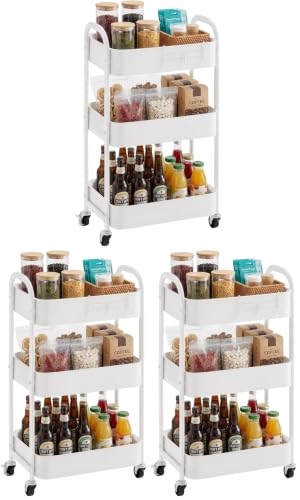 MAX Houser 3-Tier Rolling Utility Cart with Caster Wheels,Easy Assembly, for Kitchen, Bathroom (White) (Pack of 3) - color: White, size: 3-Tier Standard Cart (Pack of 3)