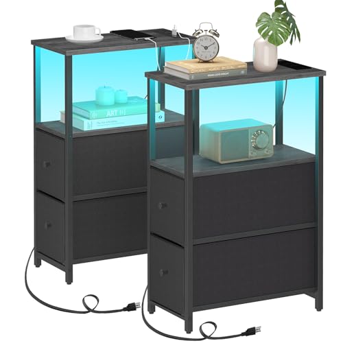 TUTOTAK Narrow LED End Table with Charging Station, Skinny Side Table | Bedside Table with Outlets, Nightstand with 2 Cloth Drawers, Couch Table for Living Room, Bedroom, Charcoal Grey TB01BY056 - color: Charcoal Grey, style: 2 Drawers with Plug & Light