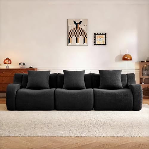 115.3" Modern 3 Seater Sofa, No Assembly, Streamlined Design, Modern Small Couch with Plush Teddy Fabric for Living Room, Bedroom, Apartment, Home Office (Black) - color: Black02, size: 3 Seat