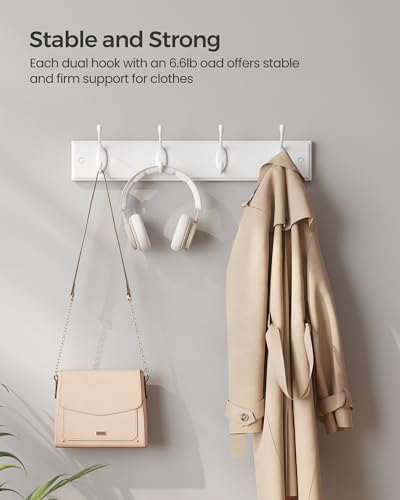 SONGMICS Wall-Mounted Coat Rack, Hook Rack, 8 Dual Metal Hooks, White | For Coats, Bags, Keys, in the Entryway, Bedroom, Living Room ULHR232W01 - color: White, size: 2 Pack-4 Hooks