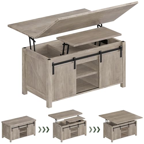 Lift Top Coffee Table, 4 in 1 Convertible Coffee Table, Farmhouse Coffee Tables, with Hidden Compartments, with Sliding Doors, for Living Room, Apartment, Greige MKF01FH - color: Greige