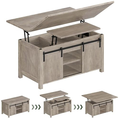 Lift Top Coffee Table, 4 in 1 Convertible Coffee Table, Farmhouse Coffee Tables, with Hidden Compartments, with Sliding Doors, for Living Room, Apartment, Greige MKF01FH - color: Greige