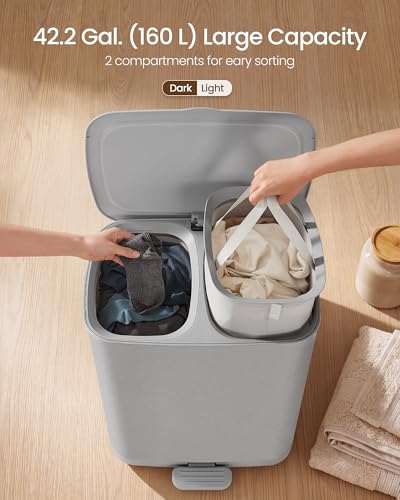 SONGMICS Laundry Basket with Lid, 42.2 Gallons, 2-Compartment Laundry Hamper with Handle and Pedal, Removable Liner, Easy Assembly, 22 x 18.5 x 29.5 Inches, Dove Gray ULCB832G101 - color: Dove Gray
