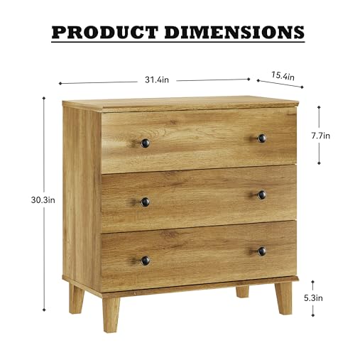Bedroom Dresser with 3 Drawers, Chest of Drawers, Modern Closet Organizer Bachelors Chest w/Solid Wood Legs for Living Room, Baby Room, Nursery, Oak - color: Brown Oak