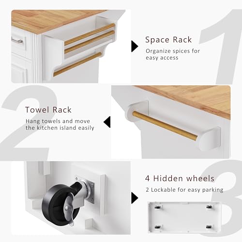 54inch Large Kitchen Island With Rubber Wood Drop Leaf,Embossed Texture Rolling Kitchen Cart On 4 Wheels With 4 Doors And 3 Drawers,Kitchen Island With Storage For Kitchen,Dining Room (White-0t) - color: White-0t)
