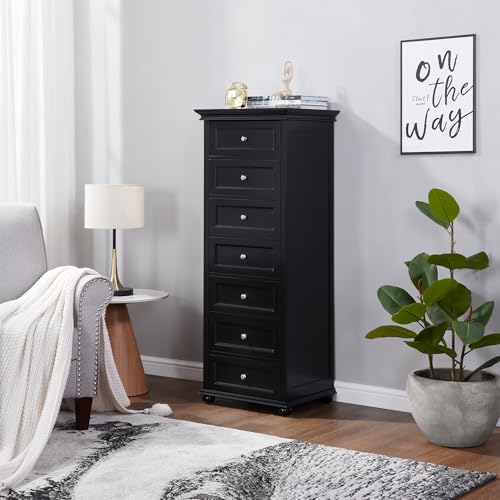 Tall Black Dresser for Bedroom with 7 Drawers, 52" Tall Skinny Dresser | Modern Black Tall Chest of Drawers Dresser，Wooden Lingerie Dresser Tall Narrow，Crown Molding and Solid Wood Ball Legs - color: Black