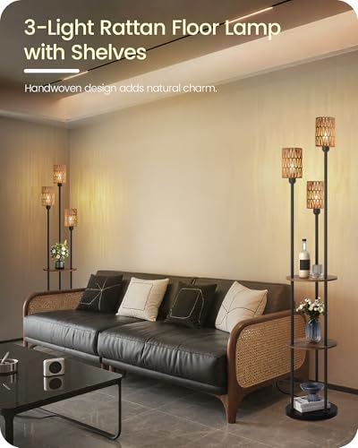 Floor Lamp with Shelves, Boho Floor Lamp with Foot Switch, 3-Light Standing Lamp, for Living Room, Bedroom, Study, Rustic Brown and Yellow YF53LD05 ﻿ - color: Rustic Brown+Rattan