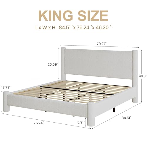 REVOMINCA King Boucle Bed Frame with Headboard, White | Upholstered platform bed frame has soft rounded corners, no box spring required and easy assembly. - color: White, size: King
