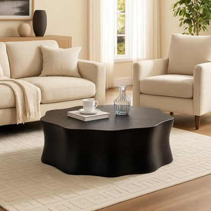 Round Black Marble Coffee Table, Modern Drum Design, Circle FiberglassCoffee Table, End Table for Living Room, Apartment, No Assembly Required (35''Black Flower) - color: 35''black Flower