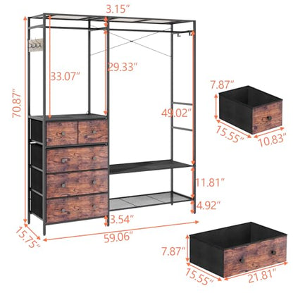 Freestanding Clothes Rack with 5 Drawers & 4 Storage Shelves,2 Hanging Rods | 59.1" W*70.9" H Heavy Duty Clothing Rack, Wardrobe Closet Organizer System with 5 Hooks, Garment Rack (Rustic) - color: Rustic
