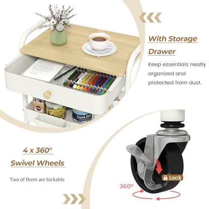 3 Tier Rolling Cart with Wooden Table Top, White Rolling Utility Cart with Drawer & Locked Wheels, Easy Assembly for Nursery, Living Room, Studio - color: White