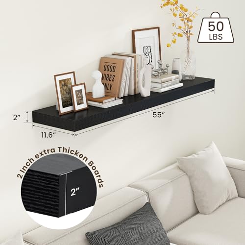 Deep Floating Shelves, 55'' x 12'' Black Shelves for Wall Set of 1 | Invisible Brackets, Engineered Wood, Mounting Hardware Included, 55LBS, Bathroom, Laundry Room, Kitchen, Living Room - color: Black, size: 55W x 12D x 2H, 1 Pack