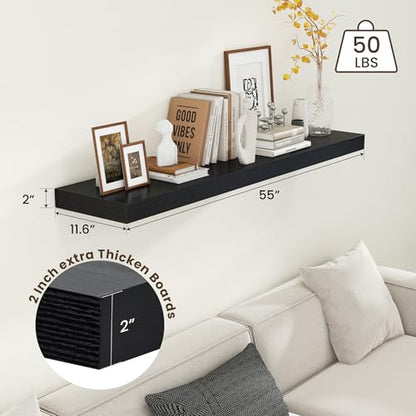Deep Floating Shelves, 55'' x 12'' Black Shelves for Wall Set of 1 | Invisible Brackets, Engineered Wood, Mounting Hardware Included, 55LBS, Bathroom, Laundry Room, Kitchen, Living Room - color: Black, size: 55W x 12D x 2H, 1 Pack