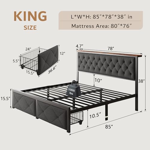 iPormis King Bed Frame with 2 Storage Drawers, Linen Upholstered Headboard Platform Bed with Charging Station, No Box Spring Needed, Metal Slats Support, Noise-Free, Easy Assembly, Grey - color: Grey, size: King