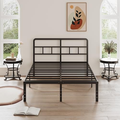 DiaOutro 16 Inch Full Size Metal Bed Frame with Headboard, Black | Heavy Duty Bed For Kids Adults, Steel Slat Supports No Box Spring Needed, Easy Assembly, Noise Free - size: Full, style: 16 Inch