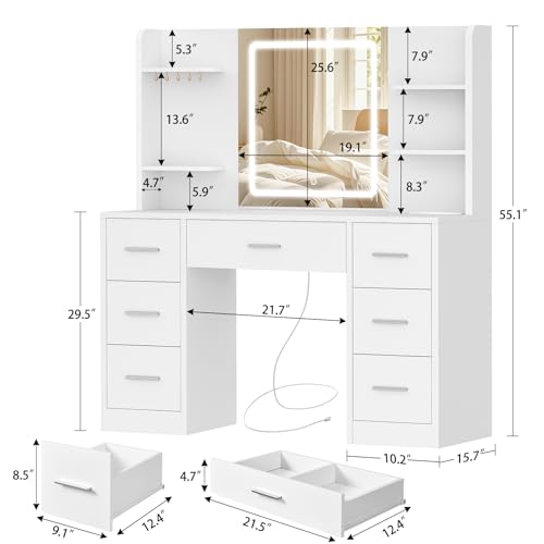 Quimoo Large Vanity Desk with LED Lighted Mirror & Power Outlet, Makeup Vanity Table with 7 Drawers,4 Shelves and 5 Hooks, White Vanity for Bedroom, Bathroom - color: White 4 Drawers Vanity