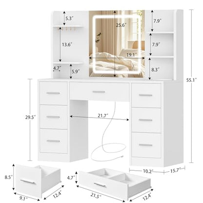 Quimoo Large Vanity Desk with LED Lighted Mirror & Power Outlet, Makeup Vanity Table with 7 Drawers,4 Shelves and 5 Hooks, White Vanity for Bedroom, Bathroom - color: White 4 Drawers Vanity