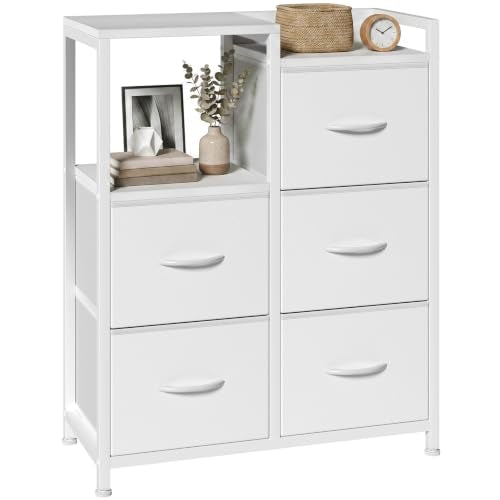 OLIXIS Fabric Dresser, 5 Drawer White Storage Tower with Open Shelf | Fabric Storage Dresser Features 5 Drawers, Open Shelf and Side Cabinet, Organizer for Bedroom, Closet, Hallway & Entryway - color: Pure White