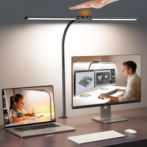 Syrinx LED Desk Lamp for Home Office, 18W 2000LM Dual Head Architect Lamp | Wide-Area Eye-Caring Lighting, Adjustable Gooseneck, Gesture & Wired Control, Memory & Timer, 50 Modes for Study & Crafting - color: Black