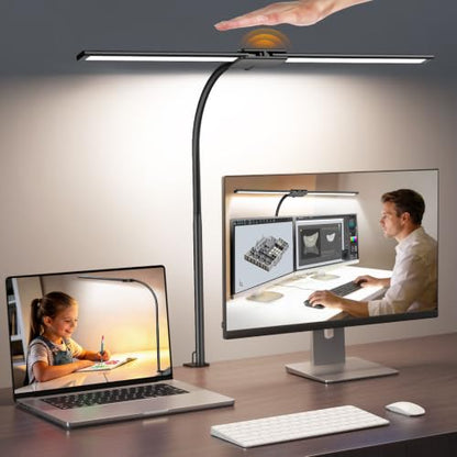Syrinx LED Desk Lamp for Home Office, 18W 2000LM Dual Head Architect Lamp | Wide-Area Eye-Caring Lighting, Adjustable Gooseneck, Gesture & Wired Control, Memory & Timer, 50 Modes for Study & Crafting - color: Black