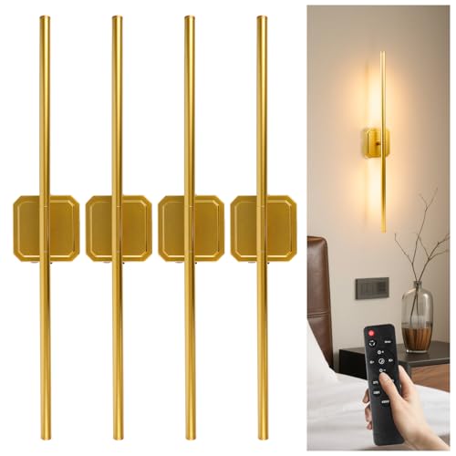 Rechargeable Wall Light Detachable 360°Rotate Wireless Dimmable 4 Pack | Battery Operated Wall Sconce 3000-6500K with Remote Control 10000mAh for Bedroom Living Room 28.3" Black Gold - color: Gold-Square Base, size: 4 Pack