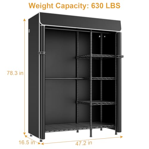 F2C Clothes Rack with Cover, Black Clothing Racks Heavy Duty | Garment Rack with Shelves for Hanging Clothes, Metal Portable Closet System, 47.2"W x 16.5"D x 78.3"H, Load 630lbs - color: Black Closet with Black Cover