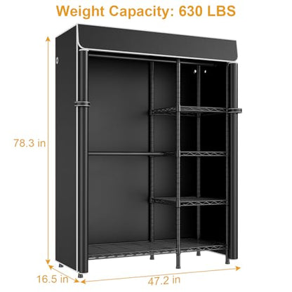 F2C Clothes Rack with Cover, Black Clothing Racks Heavy Duty | Garment Rack with Shelves for Hanging Clothes, Metal Portable Closet System, 47.2"W x 16.5"D x 78.3"H, Load 630lbs - color: Black Closet with Black Cover