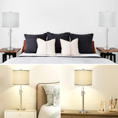 Qingmiao Table Lamps for Bedrooms Set of 2, 22" to 30" Height Adjustable Nightstand Lamps with Linen Shade, Pull Chain Switch Lamps for Living Room, 3 Way Dimmable Bedside Lamp - color: Brushed Nickel,Grey Shade