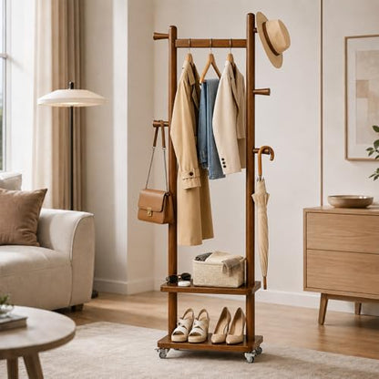 Small Clothes Rack Solid Wood Coat Rack Freestanding with Wheels | Space Saving, Stable 5 Hooks 2 Shelves Coat Tree, Silent 360 Degree Wheels, Heavy Duty 150 lb Capacity for Entryway Bedroom - color: Walnut Brown, size: S: 15.7" x W: 11.8" x H: 70" (With