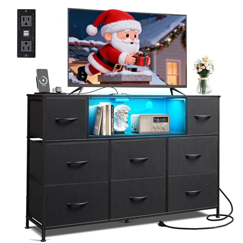 WLIVE LED Dresser TV Stand for 55 Inch TV, 8 Drawers, Black | Fits TVs up to 55 inch, 8 fabric drawers, LED chest of drawers, Built-in power outlet, Living room or bedroom - color: Black