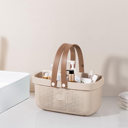 Portable Shower Caddy Basket with Handles Plastic Storage Basket Beige | Sturdy Drainage Large Capacity Organizer Basket with Silicone Handles for Bathroom Kitchen Bedroom College Dorm Essentials - color: Beige, size: Large