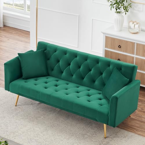 71" Modern Velvet Sofa Bed Futon, Convertible Sleeper Couch, Adj. Backrest | Tufted Recliner Loveseat Design with Golden Chrome Legs & 2 Pillows, Perfect for Small Spaces, Living Room, Apartment - color: Green