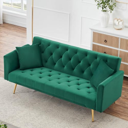71" Modern Velvet Sofa Bed Futon, Convertible Sleeper Couch, Adj. Backrest | Tufted Recliner Loveseat Design with Golden Chrome Legs & 2 Pillows, Perfect for Small Spaces, Living Room, Apartment - color: Green