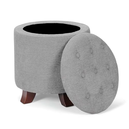 Athena Collection 15 Inch Small Ottoman with Storage, Round Linen Fabric Storage Ottoman Foot Rest with Removable Lid, Multipurpose Footstool Footrest for Living Room, Bedroom, Dorm, Grey - color: Grey, size: 15.5"D x 15.5"W x 17"H