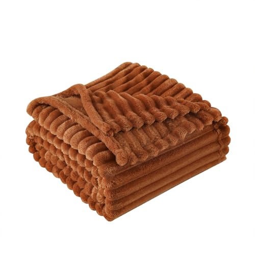 Burnt Orange Fleece Throw Blanket 90”×90” for Couch Sofa Livingroom | Linecooo Super Soft Cozy Plush Microfiber Flannel Bed Blanket Striped Design Lightweight Home Decor Gifts for Adult Mom Women - color: Burnt Orange, size: 90×90inch