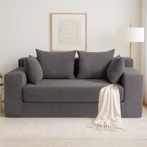 cidludto Convertible Sofa Bed, 3 in 1 Loveseat Folding Couch Bed Foldable - Boneless Couch & Floor Futon, Corduroy Pull Out Sofa Bed with 4 Pillows for Living Room, Grey - color: Grey, size: Loveseat-53''