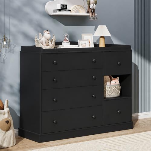 Kids Dresser Cabinet with 6 Drawers, Changing Table for Nursery with Shelf, Multi-Functional Chest of Drawers, Kids Bedroom Furniture, Nightstand for Children's Room, Black - color: Black