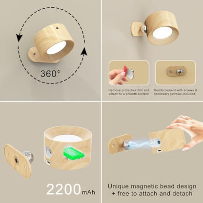 AKSDA 3Pack Battery Operated Wall Sconce, 3 Color Modes 3 Brightness Levels 360°Rotation Lighting Timer Touch & Remote Control, Wall Mounted Lamp LED Wall Lights for Bedroom Reading Bedside (Wood) - color: Wood-3PC