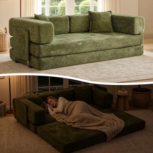 79" Boneless Couch for Living Room, Futon Sleeper Sofa Bed | Convertible Sofa Bed, Velvet Pull Out Couch Loveseat with Storage Pocket, Modular Design, No Assembly, Green - color: Green, size: 79inch