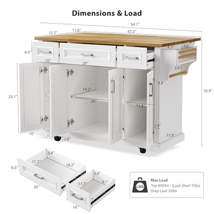 54inch Large Kitchen Island With Rubber Wood Drop Leaf,Embossed Texture Rolling Kitchen Cart On 4 Wheels With 4 Doors And 3 Drawers,Kitchen Island With Storage For Kitchen,Dining Room (White-0t) - color: White-0t)