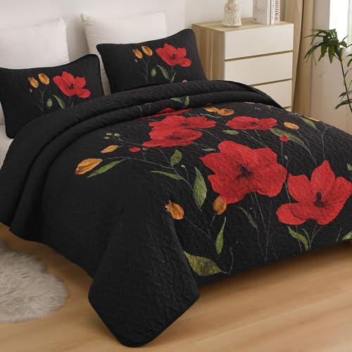 Mybedsoul Floral Quilt Set King Size, 3 Pieces Black Bedspread Coverlet Set, Lightweight Farmhouse Botanical Bedding Set for Fall Winter All Season(104"x90") - color: Black, size: King104"x90"