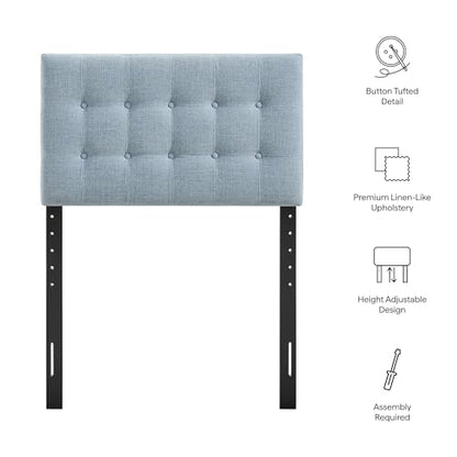 Modway Emily Twin Size Fabric Headboard in Sky Blue - Linen-Like Upholstery with Button Tufting and 7 Adjustable Height Positions - color: Sky Blue, size: Twin