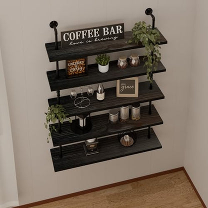 HDDFER Floating Shelves for Wall Living Room Shelves Bookshelf Industrial Pipe Shelving Shelf Real Wood Planks 36 inch Rustic Wall Shelves Hanging Bookshelves Farmhouse Kitchen Bar Shelving - color: Black, size: 5Tier36in