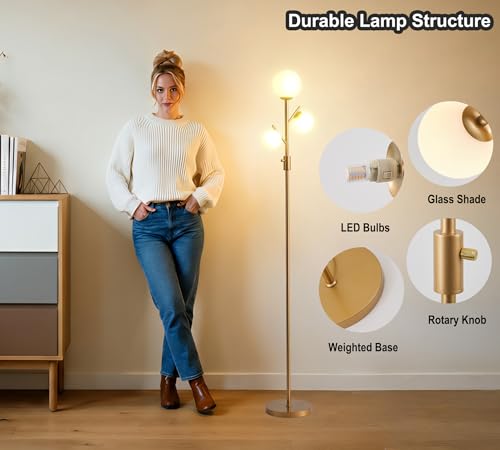 Fiqevs Mid Century Modern 3 Globe Tree Floor Lamp - Dimmable LED Standing Lamp with Bulbs, Warm Light for Living Room Bedroom Office - Antique Brass/Gold - color: 3 Globe Tree- Gold