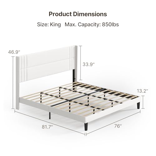 Gizoon King Bed Frame with Wingback Headboard, Upholstered Platform Bed | Bed Frame with Padded Headboard,Wooden Slats, Noise-Free, No Box Spring Needed, Easy Assembly,White - color: White, size: King